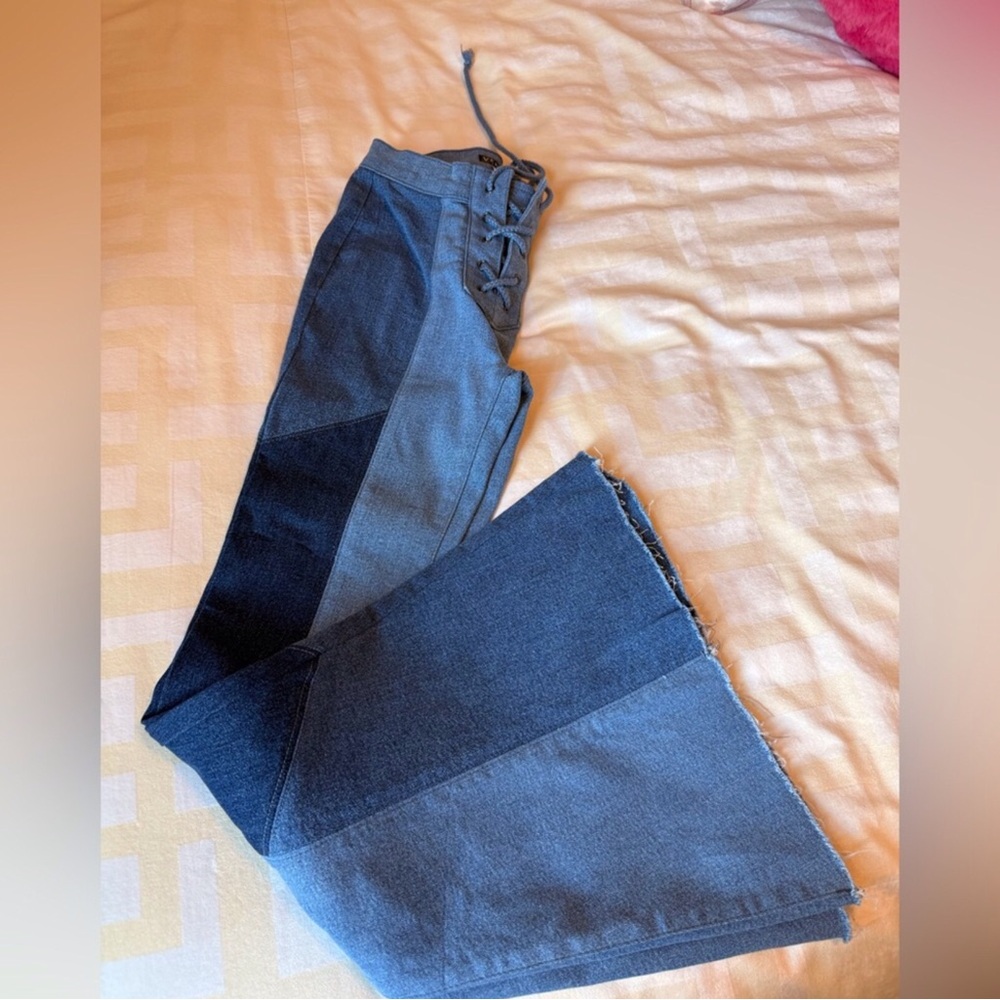 VENUS Two-Tone Denim Wide Leg Jeans - Blue